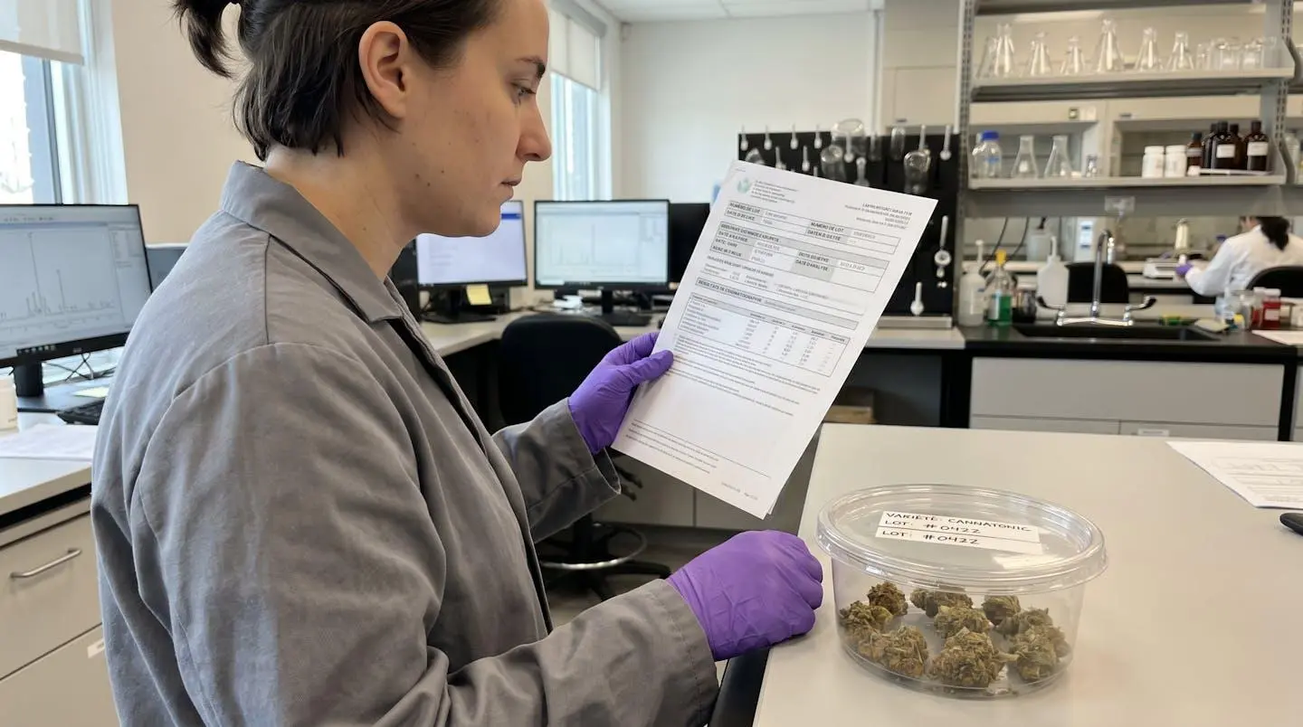 Main portant un gant blanc tenant un certificat d'analyse de laboratoire à côté d'un échantillon de fleurs de CBD dans un contenant transparent